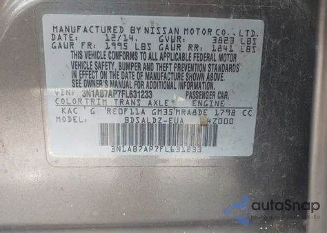 2015 Nissan Sentra Fe+ S/S/Sl/Sr/Sv из США, поврежденный, VIN 3N1AB7AP7FL631233